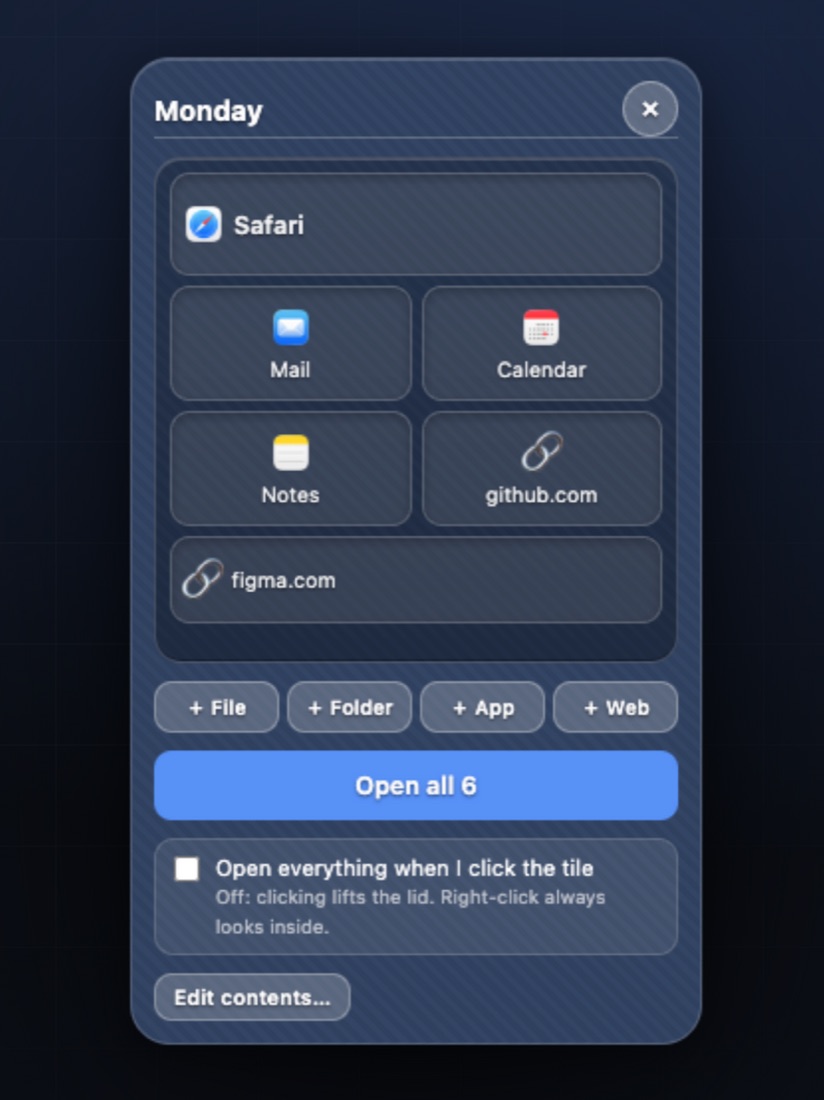 A Bento tile named Monday holding Safari, Mail, Calendar, Notes, github.com and figma.com, with an Open all 6 button.