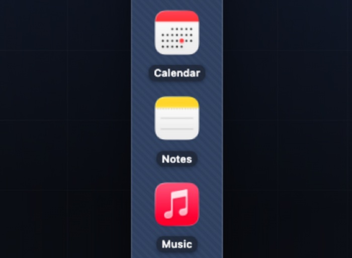 SuperDock Lite running down the edge of a Mac screen, with Downloads, Safari, Mail, Calendar, Notes and Music tiles.