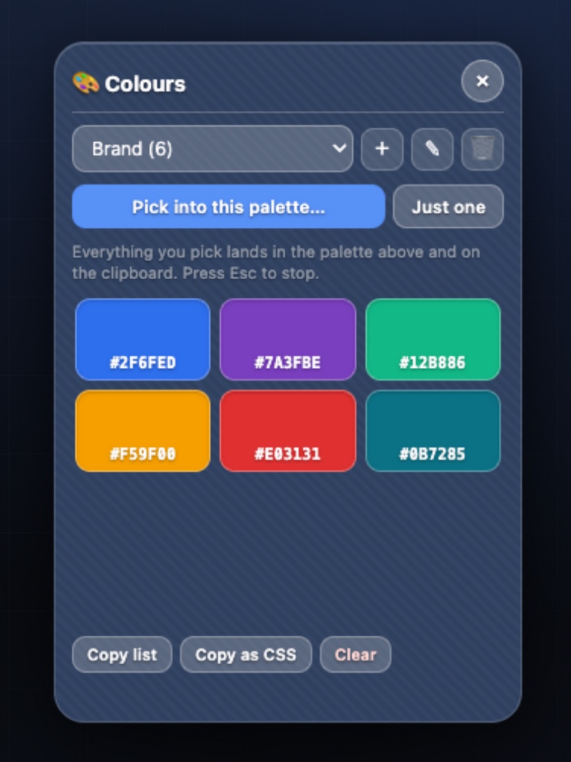 The Colours panel showing a palette named Brand with six saved swatches and their hex values.