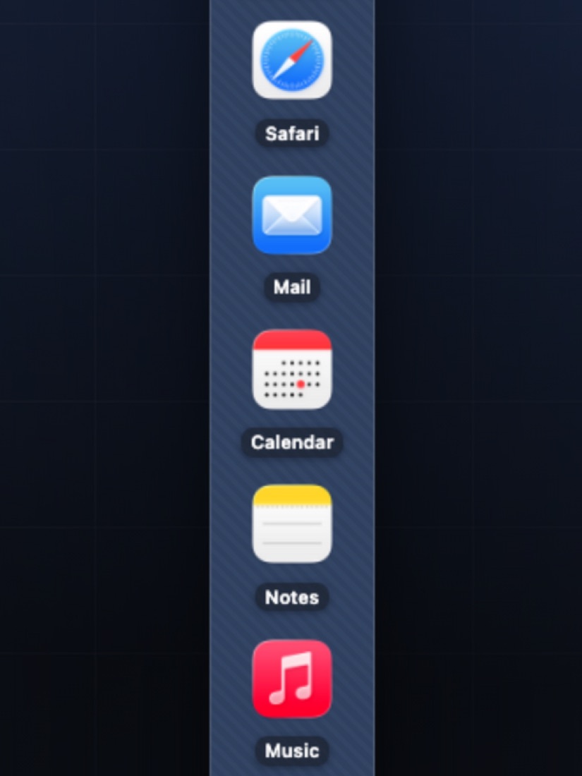 A close view of SuperDock Lite on a Mac screen, showing Safari, Mail, Calendar, Notes and Music tiles down the dock.