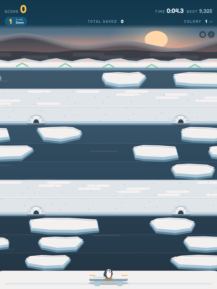 Tuxedo Panic at dawn on iPad: the colony waits on the beach while floes drift across the water and nests wait on the cliff.