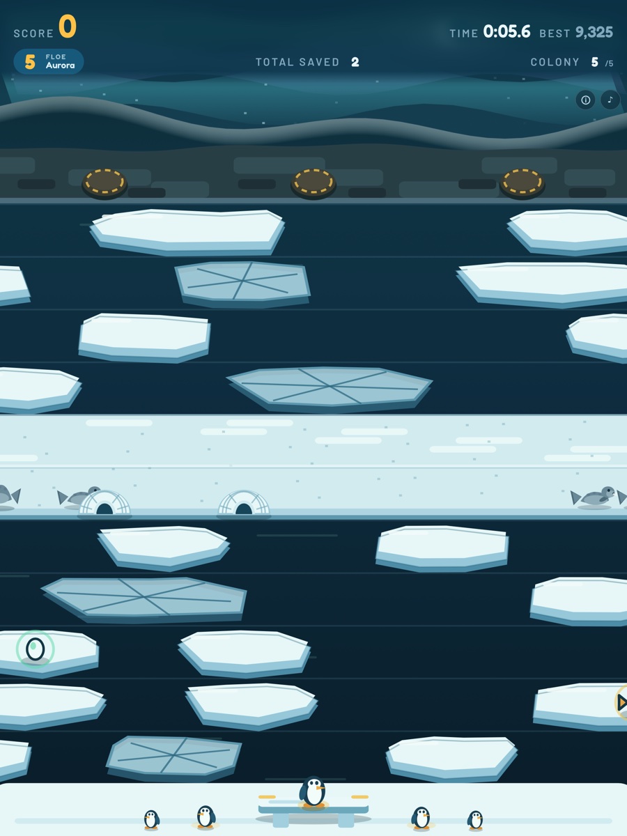 Tuxedo Panic under the aurora: snow huts on the ice shelves, seals patrolling, and nests on the cliff above.