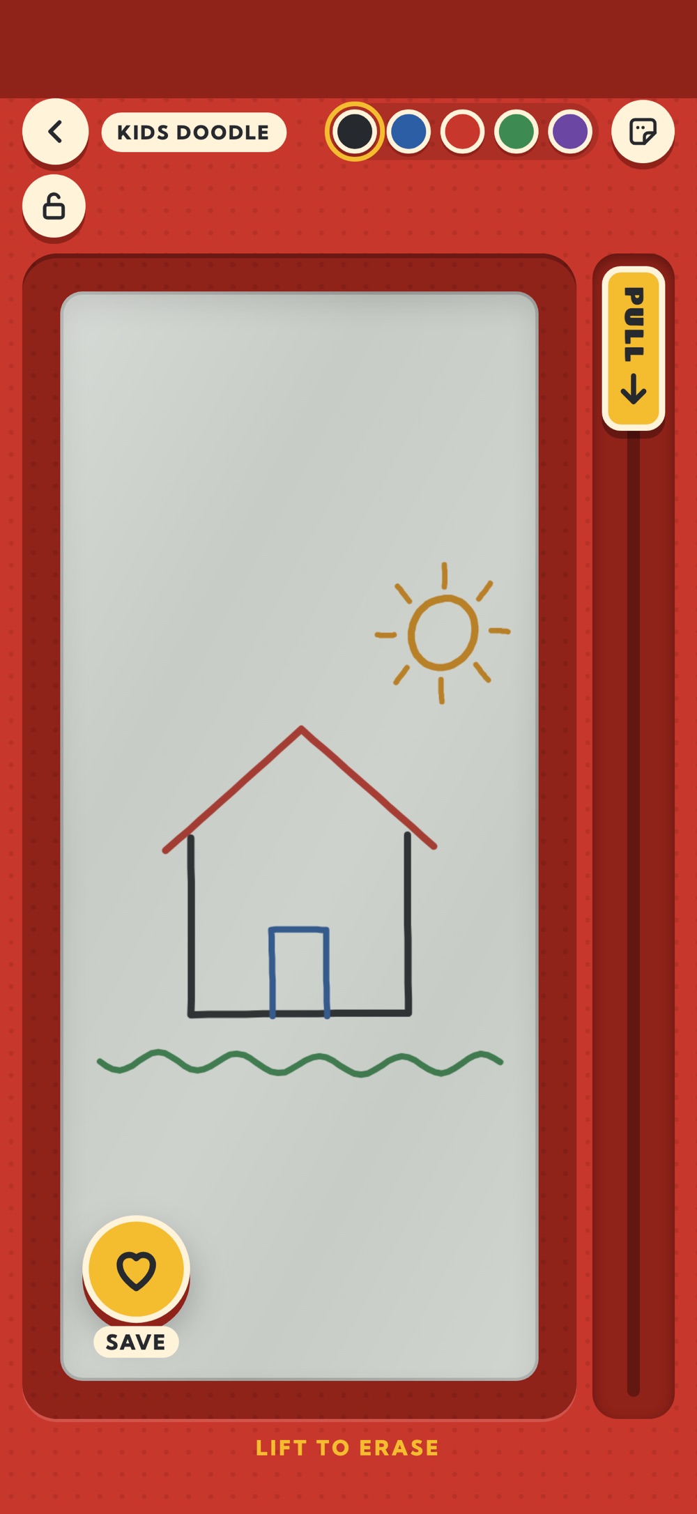 LiftPad on iPhone — a red magic slate with a drawing on the grey film