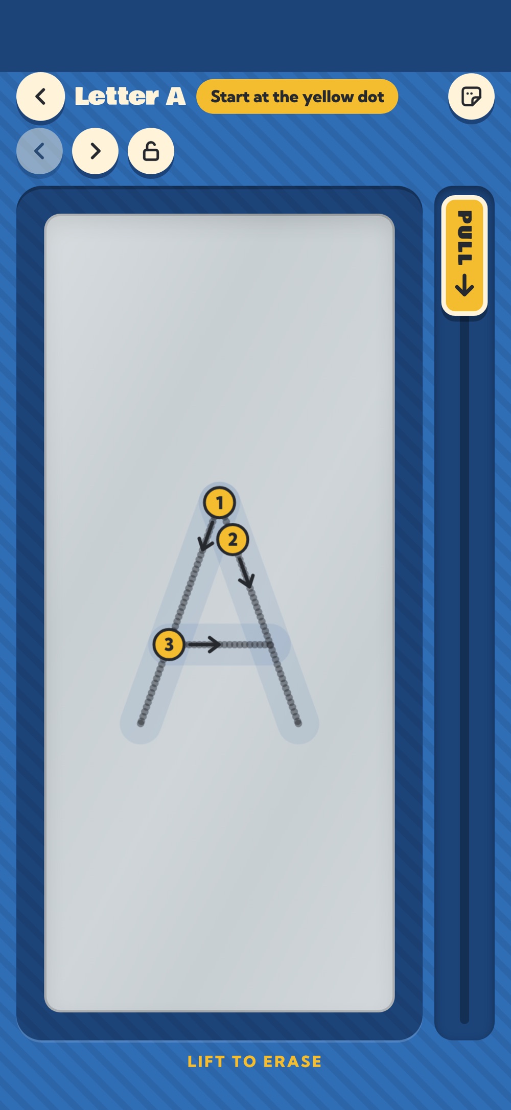 LiftPad on iPhone — the yellow tab pulled down and the ink lifting away