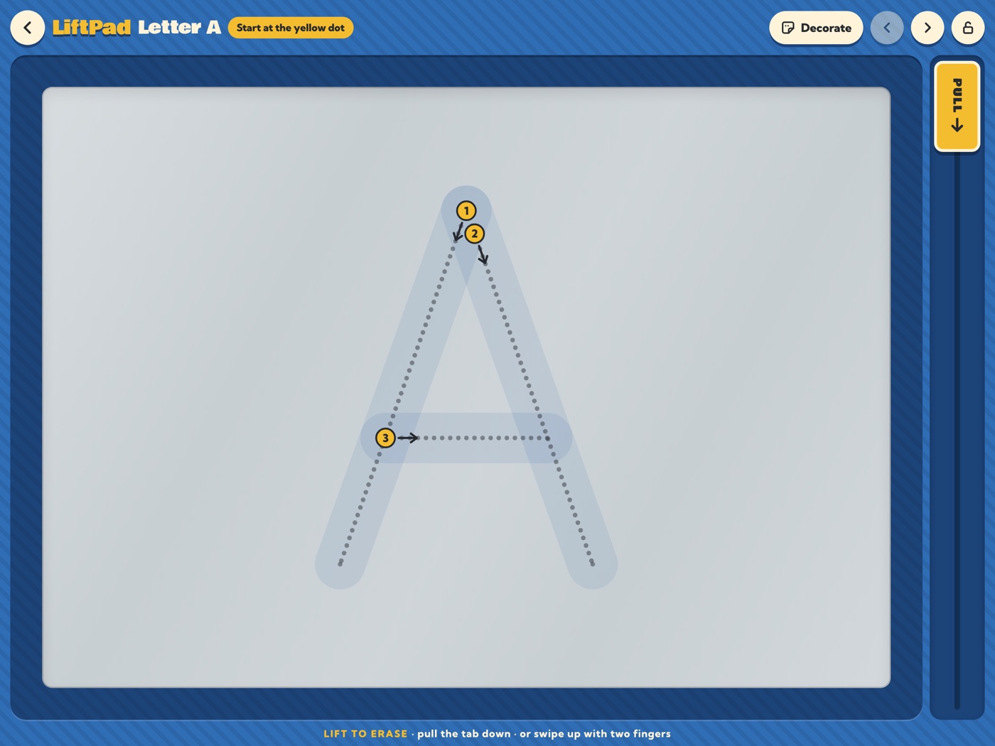 Trace and learn on iPad — a dotted letter with a start dot and stroke arrows