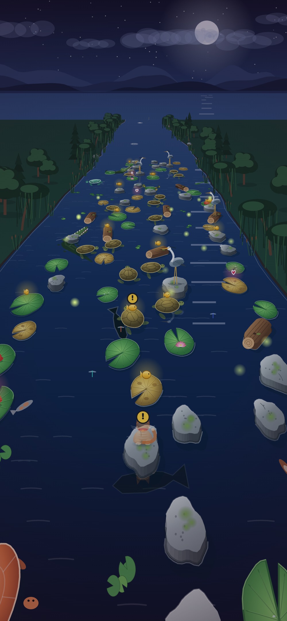 Fireflies and predators on the moonlit pond