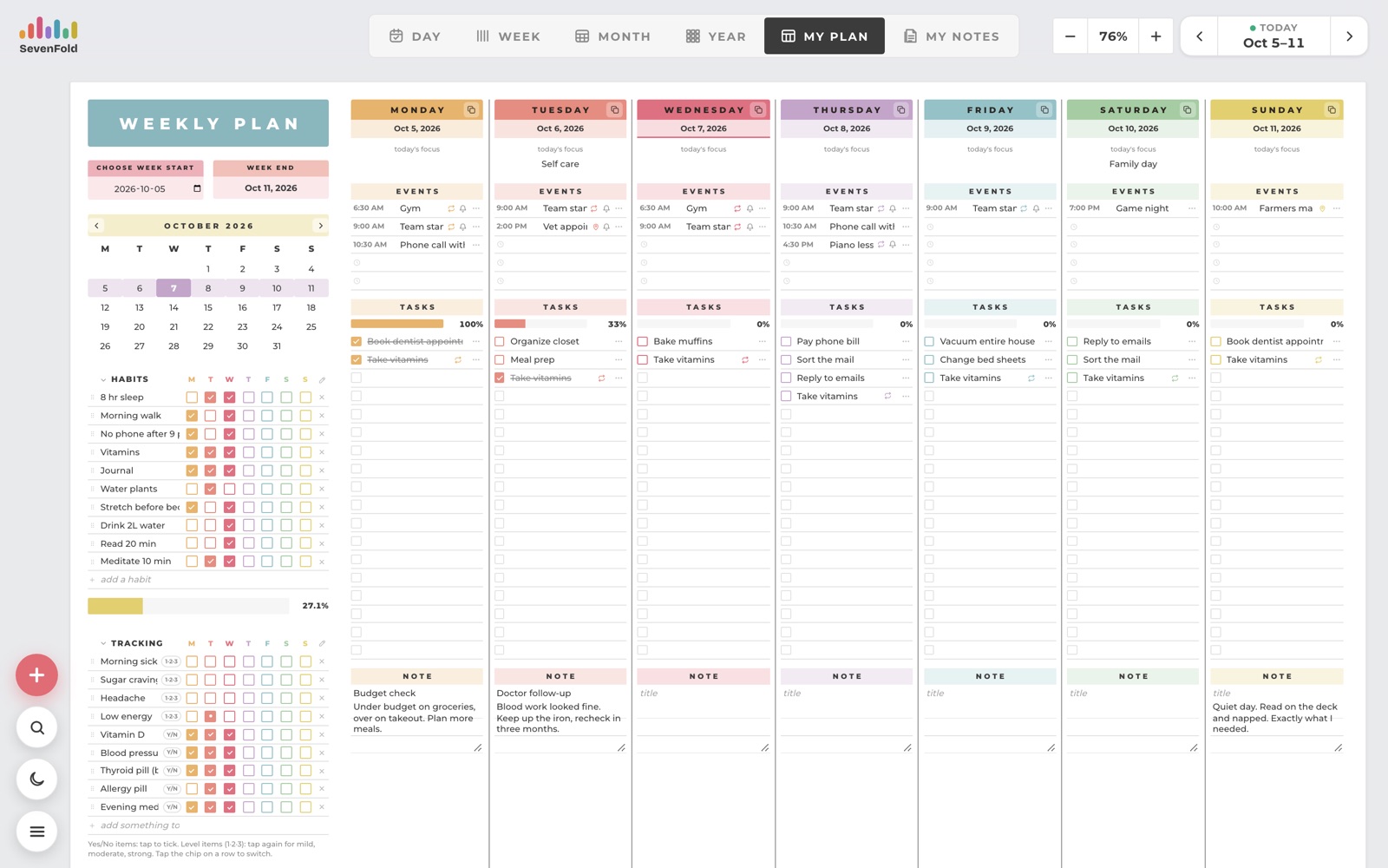 The My Plan weekly sheet on Mac — events, tasks, habits, trackers and notes for each day