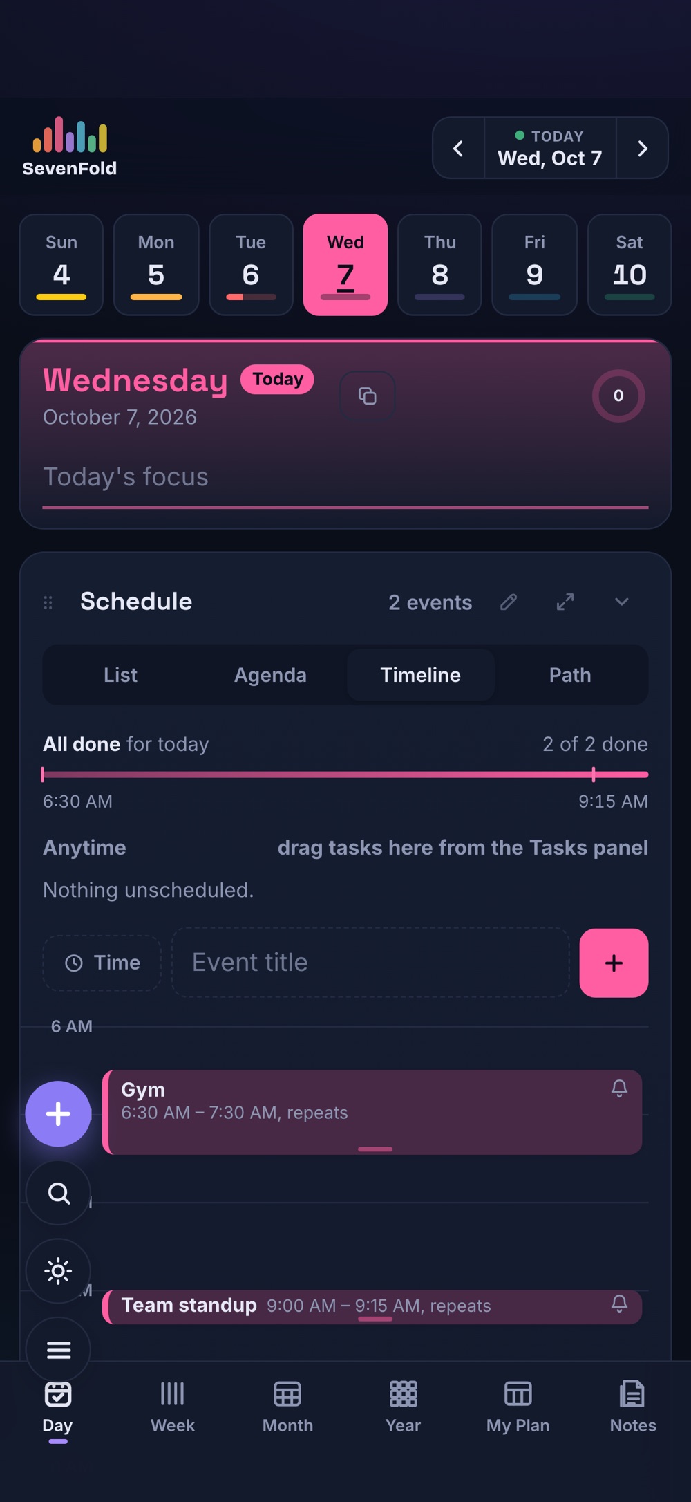 The day view on iPhone in dark mode — an hour-by-hour timeline
