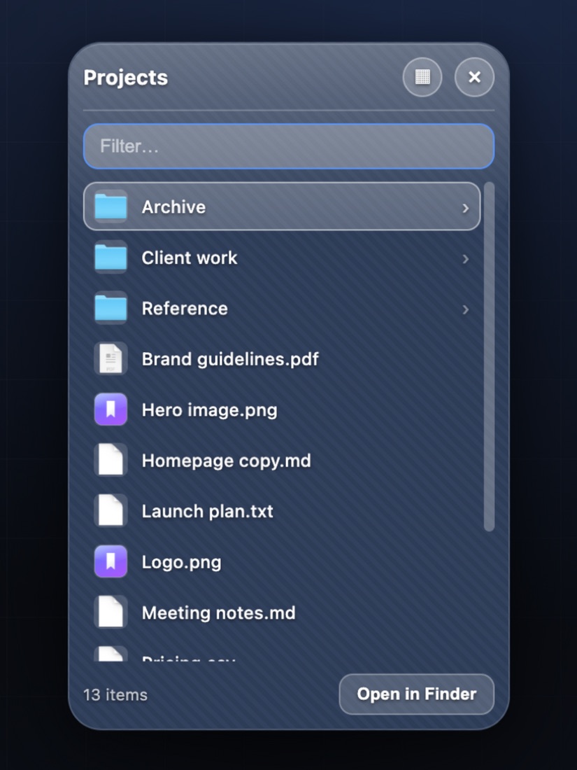 A folder stack named Projects listing subfolders and files, with a filter box and an Open in Finder button.