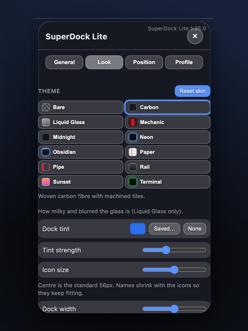 SuperDock Lite settings on the Look tab, showing twelve themes and sliders for tint strength, icon size and dock width.