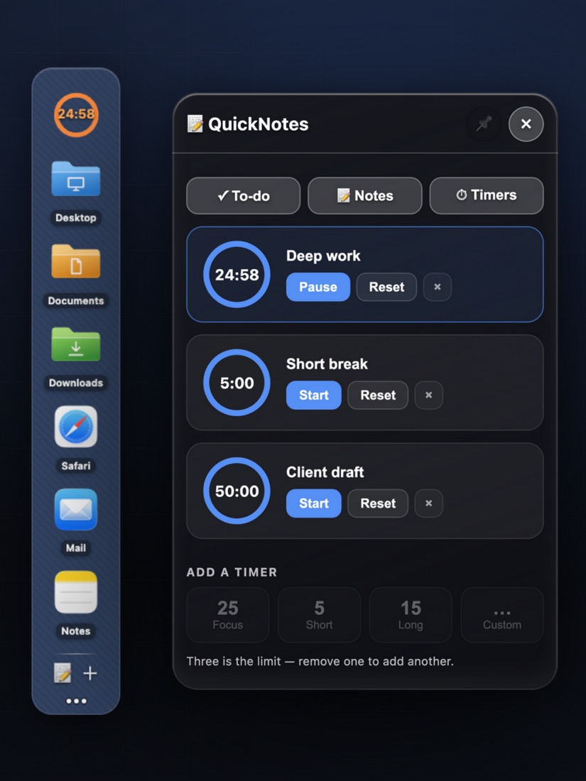 The QuickNotes panel on its Timers tab with three timers, and a countdown ring on the dock beside it.