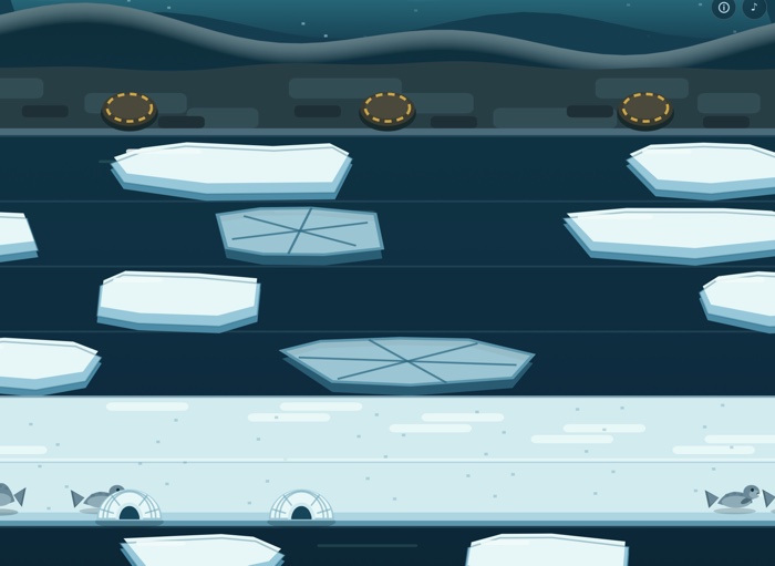 Tuxedo Panic under the aurora: nests waiting on the cliff above drifting floes, with snow huts and seals on the ice shelf below.